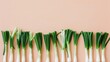  a group of green onions sitting on top of a table next to each other on a light pink surface next to a bunch of green onions.
