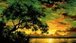  a painting of a sunset over a body of water with trees in the foreground and clouds in the background.