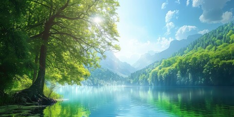 Wall Mural - Beautiful rays of sunlight in a green forest