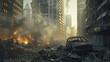 Post-apocalyptic cityscape with exploding cars and buildings in chaos.