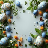 Fototapeta  - Traditional colored Easter eggs with various ornaments, butterflies, spring flowers and green leaves on a light background with copy space for congratulatory text. Colorful easter eggs.