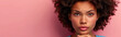 Panoramic banner of thoughtful young woman on pink background: pensive african american female with curly hair on a solid backdrop