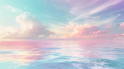 Wall Mural - A beautiful blue ocean with pink and purple clouds in the sky