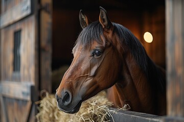 Wall Mural -  horse in the stable, horse ranch with a house and fence,old farm house