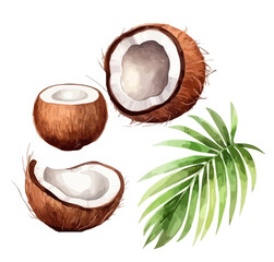 Set of Watercolor Realistic Coconut isolated on White Background,Hand drawn watercolor of coconuts and banana leaves isolated coconuts and leaves on the white background