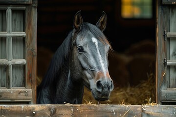 Wall Mural -  horse in the stable, horse ranch with a house and fence,old farm house