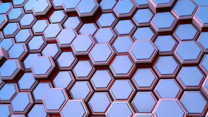 Poster - Abstract background or screensaver of blue-pink hexagons. Rendering illustration.
