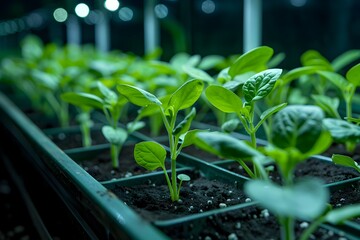 uv light on growing green plants in a greenhouse, to showcase the process of plant growth in a green