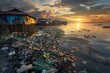 Sunset over Vesicular Lake Coast with Plastic Waste, Raising awareness of the environmental impact of plastic pollution in urban coastal areas and