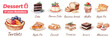 Set of vector watercolor pastry and dessert icons isolated on white background for game design. Tasty sweets for game collection: ice cream, macaroon, muffin, pudding, cake. 