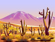 Desert landscape with cactuses in the first plan and the mountains in the background. Handmade drawing vector illustration.