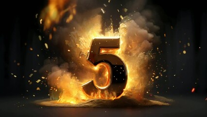 Wall Mural - number 5 golden 3d on fire video animation