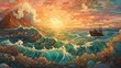 Generative AI, ocean in the sunset linear illustration, psychedelic manga style, highly detailed. Anime colorful style