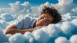 A young man with a smile sleeps on clouds in the sky against a blue sky background