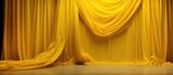 Fototapeta  - A stage featuring a vibrant yellow curtain hanging in the background, contrasted against a clean white floor. The simplicity of the setting allows for a striking visual impact.