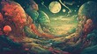 Generative AI, Psychedelic Space banner template in anime manga line art style. Horizontal illustration of the future landscape with mountains, planets, trees, moon. Surrealist escapism concept.