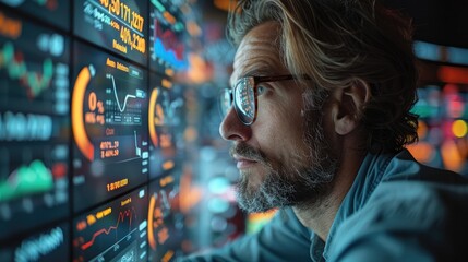 Poster - Man looking on financial statistics, charts, and data visualization in an enterprise environment. Generative AI.
