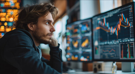 Fototapete - Man sitting at a desk with advanced trading screens on his computer in his modern apartment. Generative AI.