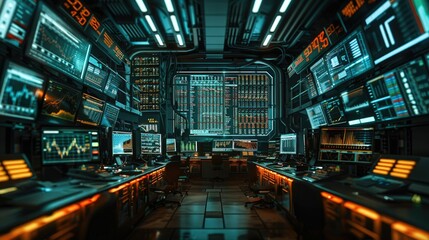 Poster - LED screen on a broker desktop in a busy trading floor. Generative AI.