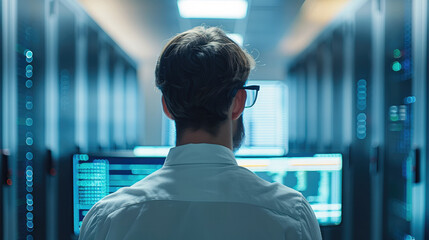 Poster - Systems engineer from behind looks at a server administration panel on a monitor in a startup office. Generative AI.