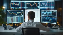 Modern financial analyst workspace, multiple screens displaying live stock market data and statistical analysis, elegant and clean setup with business people. Generative AI.