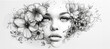 Black and white illustration of beautiful woman painting with flowers on white background. Beauty treatment banner ad, cosmetology concept