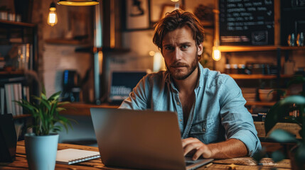 Aufkleber - Man working behind notebook. Generative AI.