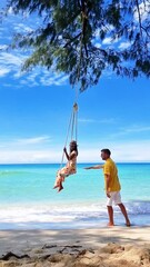 Wall Mural - A man and a woman are happily swinging on the beach next to the water, under the sunny sky with fluffy clouds. People on the beach are admiring the coastal and oceanic landforms,Koh Kood, Thailand