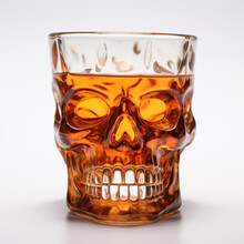 Glass In The Shape Of A Skull With Whiskey On A White Background сreated With Generative Ai