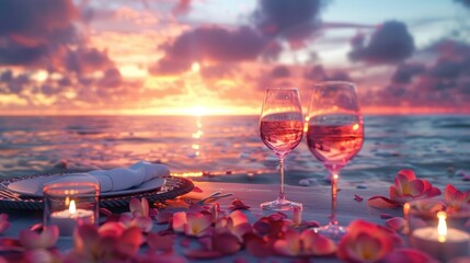 Wall Mural - Romantic sunset dinner on the beach Honeymoon table set for two with luxurious dining Drink a glass of rose wine in a restaurant with a sea view. Happy Valentine's Day,