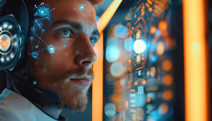 Leinwandbilder - Man working with artificial intelligence talking on video call. Generative AI.