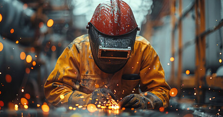 Poster - Industrial worker welding at a factory, close-up scene focusing on the worker engaged in welding. Generative AI.