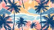 Stylish Summer Vacation Seamless pattern. Landscape, Modern Palm trees , Mountain beach and ocean vector hand drawn style ,Design for fashion , fabric, textile, and all prints