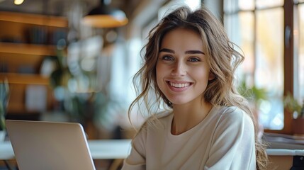 Aufkleber - Woman smiling using a laptop on a video call in office. Generative AI.