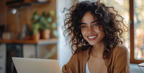 Poster - Woman smiling using a laptop on a video call in office. Generative AI.