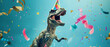 Dinosaur with a party hat amid flying confetti, a whimsical blend of prehistoric and celebratory fun.