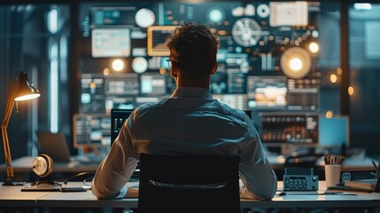 Leinwandbilder - Rear view. An corporate employee working with a computer, a representation of him searching for things across multiple platforms and interfaces, modernistic. Generative AI.