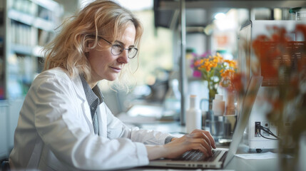 Poster - Female scientist, sitting on a desk in her office, working with laptop, looking at the screen. Generative AI.
