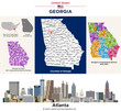 Georgia counties map and congressional districts since 2023 map. Atlanta skyline (state's capital and most populous city). Vector set