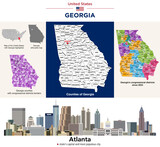 Fototapeta Londyn - Georgia counties map and congressional districts since 2023 map. Atlanta skyline (state's capital and most populous city). Vector set