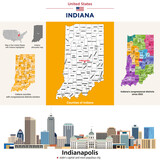 Fototapeta Londyn - Indiana counties map and congressional districts since 2023 map. Indianapolis skyline — state's capital and most populous city. Vector set