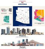 Fototapeta Londyn - Arizona's counties map and congressional districts since 2023 map. Skylines of Phoenix (state's capital and most populous city) and Tucson (2nd most populous city). Vector set
