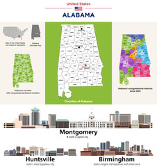 Wall Mural - Alabama's counties map and congressional districts in 2023-2025 map. Skylines of Montgomery (state's capital city), Huntsville and Birmingham(state's  largest cities). Vector set