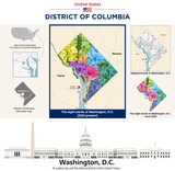 Fototapeta Londyn - Map of wards and neighborhoods in District of Columbia. City skyline of Washinton, D. C.