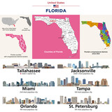 Fototapeta Londyn - Florida counties map and congressional districts since 2023 map. State's capital city and state's  largest cities skylines. Vector set