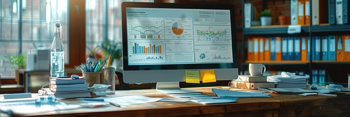Poster - Modern research with lot of papers and a monitor, charts and diagrams. Generative AI.