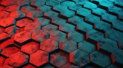 Poster - Background of turquoise-orange hexagons. AI generative.