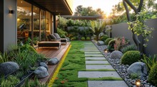 Small Modern Backyard Design With Ambiance Of Late Afternoon Light. Generative AI.