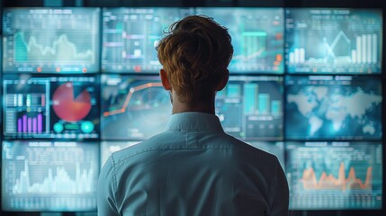 Poster - Rear view. Man looking at a large screen, which contains digital marketing graphs, such as turnover, income, development. Generative AI.