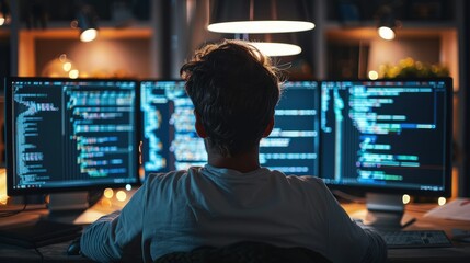 Poster - Person in front of monitor writing programming code. Generative AI.
